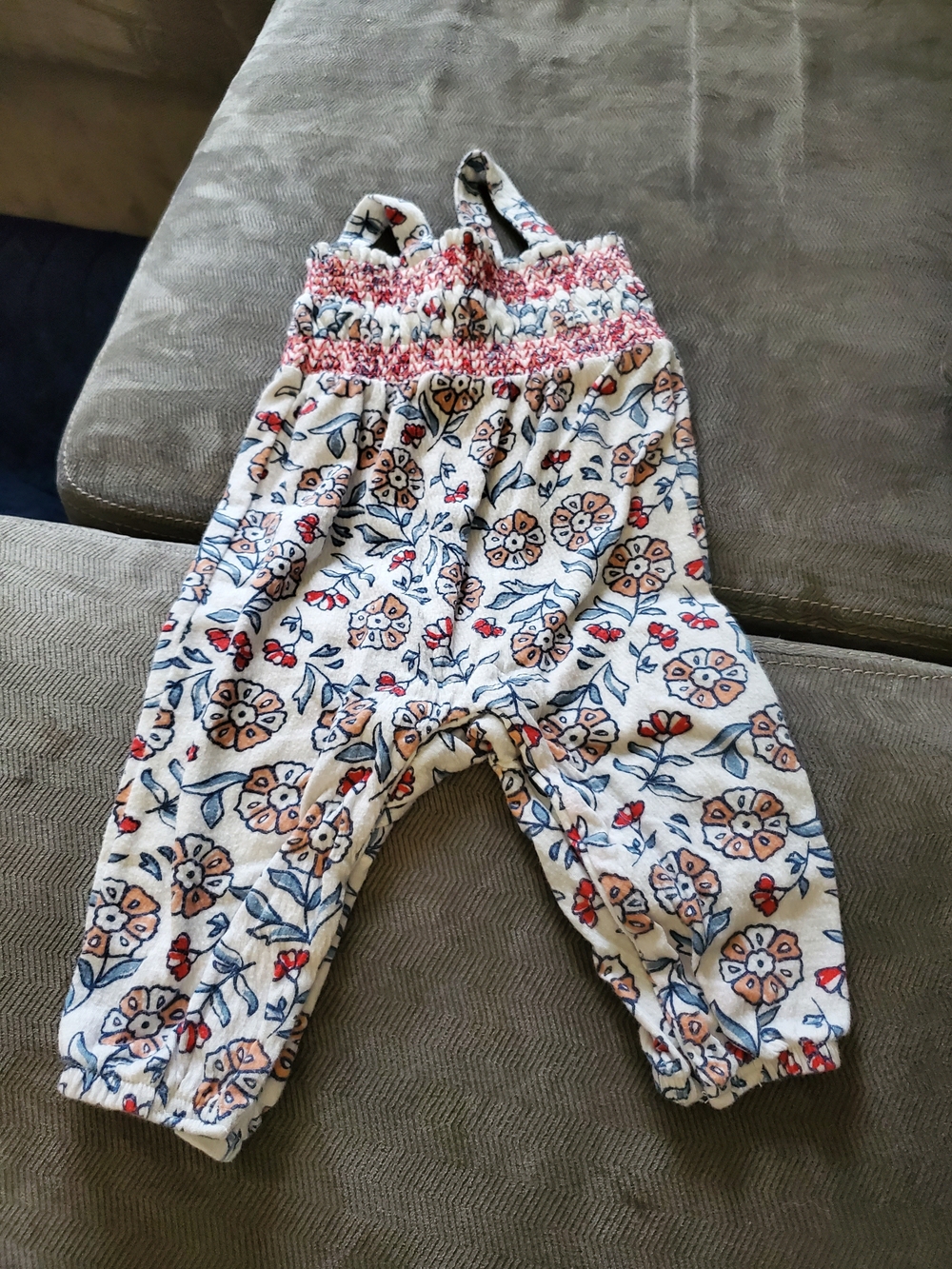 Carter's White Floral Smocked Romper with Blue and Red Accents